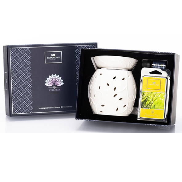 Ceramic Electrical Wax Melt Burner Gift Set w/ Lemongrass Fusion Essential Oil & Wax Melts