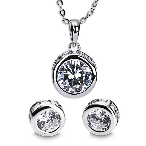 Silver Large White Stone Necklace and Earring Gift Set 